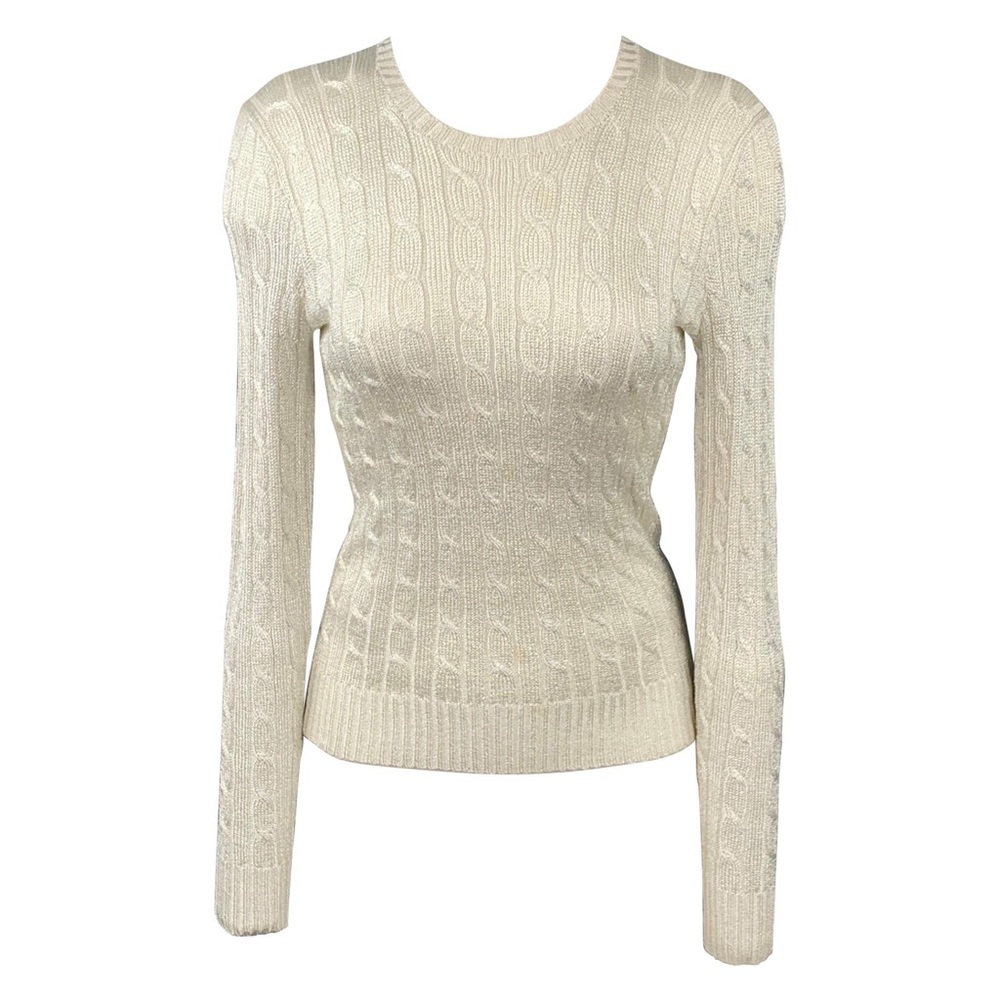 RALPH LAUREN "Black Label" sweater metallic silver acetate cable knit crew-neck